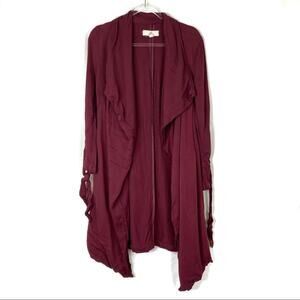 3/$30 Thread & Supply | Maroon Wine Waterfall Front Belted Long Cotton Cardigan